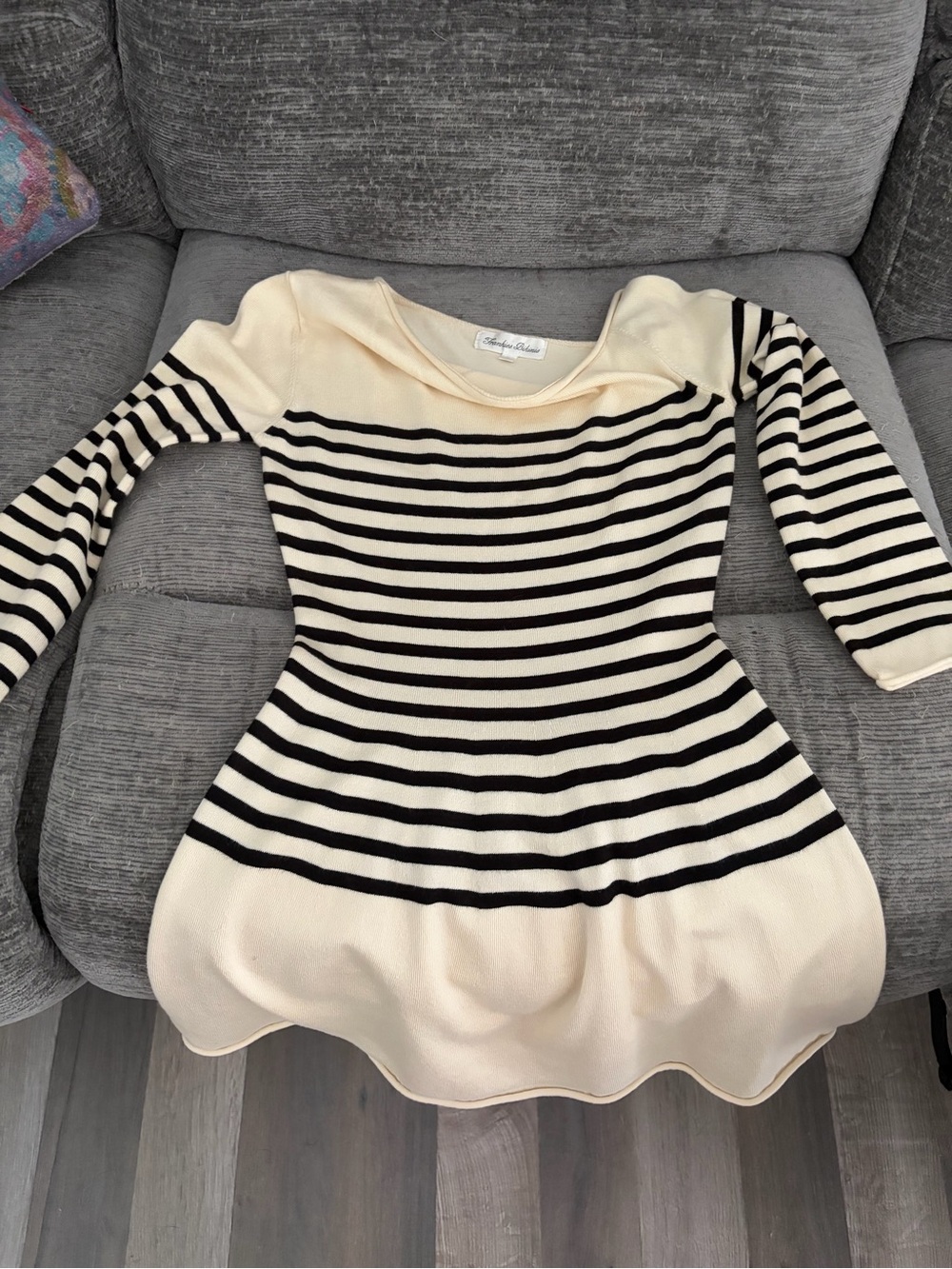 NWOT.  Frankie’s Bikinis Cream and Black Striped (Off the shoulder) Knit Dress